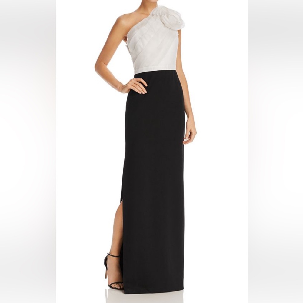 Aidan Mattox One Shoulder Dress in Black and Cream